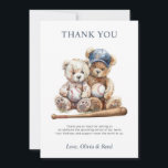 Baseball Teddy Bears Twins Baby Shower Thank You<br><div class="desc">Express gratitude with this twins baby shower thank-you card featuring watercolor teddy bears with baseballs and a rustic wooden bat. The included message is easy to personalise, allowing you to edit the wording to reflect your own style and sentiments. A sweet and thoughtful way to thank guests for their kindness...</div>
