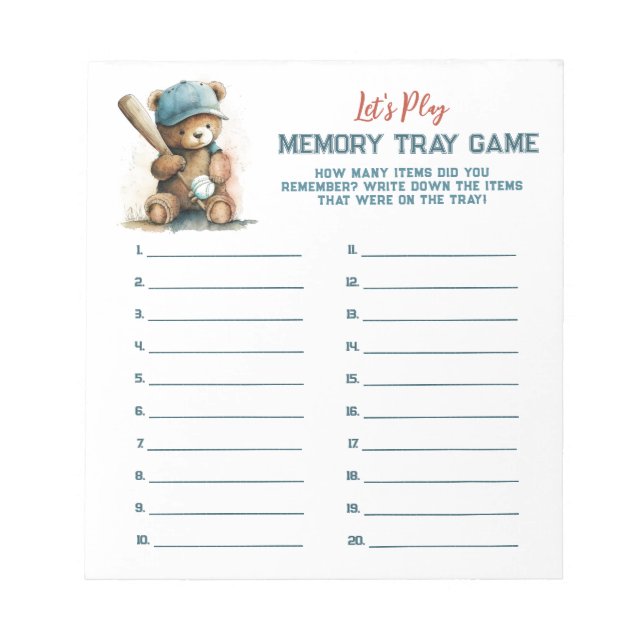 Baseball  Teddy Boy  Baby Shower Memory Tray Game Notepad (Front)