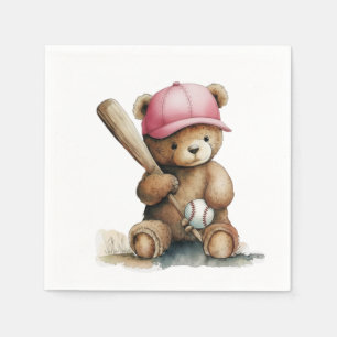 Baseball Teddy Pink Hat Bat Ball Baby Girl Napkin