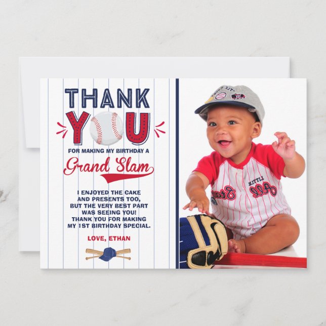 Baseball Thank You Card Baseball 1st Birthday (Front)