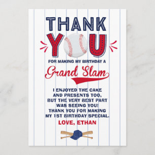 Baseball Thank You Card Baseball 1st Birthday