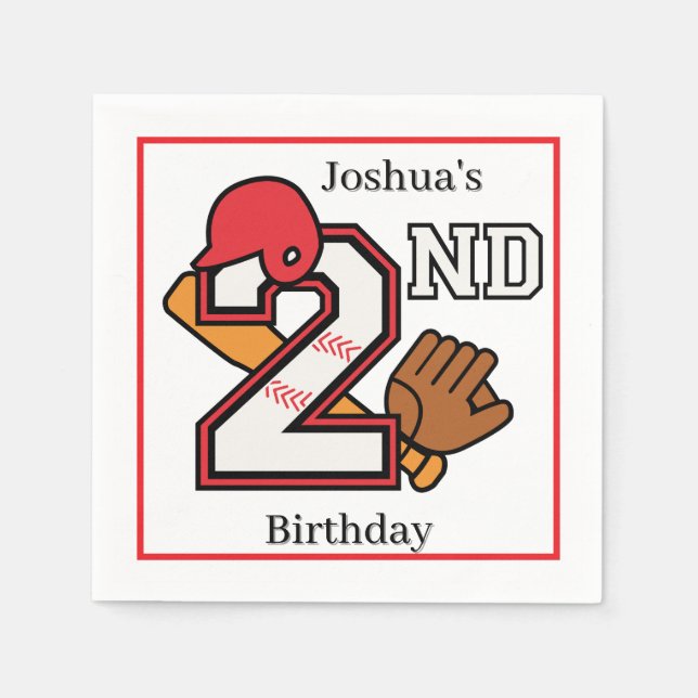 Baseball Theme 2nd Birthday Napkin Bat Ball Mitt (Front)