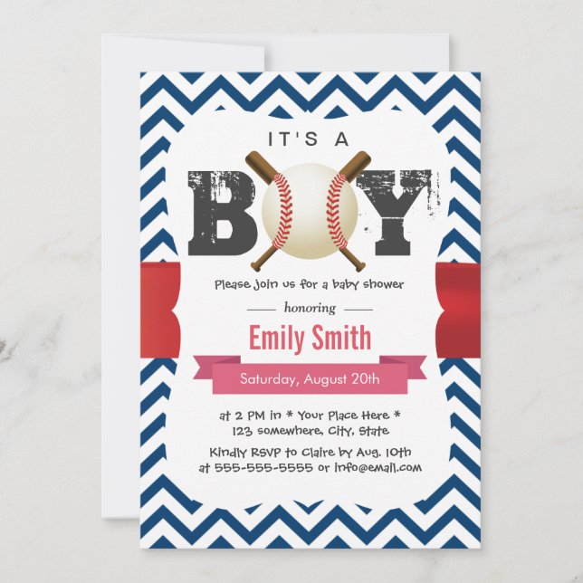 Baseball Theme Blue Chevron It's a Boy Baby Shower Invitation (Front)