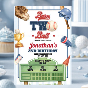 Baseball Theme Born Two Ball Second Birthday Invitation