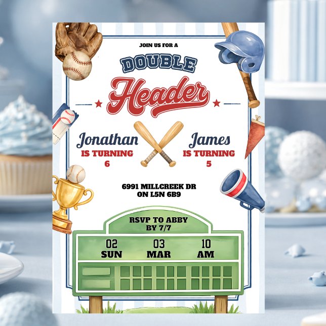 Baseball Theme Double Header Twin Joint Birthday Invitation (Creator Uploaded)