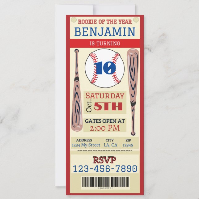 Baseball Theme Event Ticket Birthday Invitation (Front)