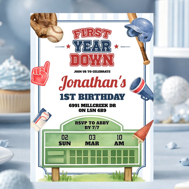 Baseball Theme First Year Down First Birthday Invitation (Creator Uploaded)