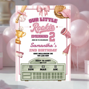 Baseball Theme Our Little Rookie Girl Birthday Invitation