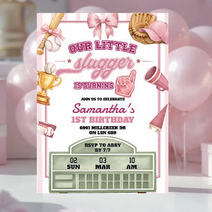 Baseball Theme Our Little Slugger Girl Birthday Invitation