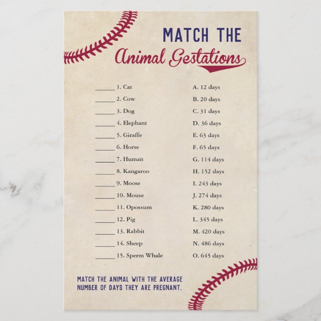 Baseball Themed Animal Gestation Match Shower Game Flyer (Front)