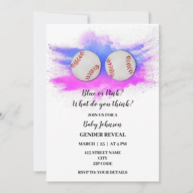 Baseball themed gender reveal party invitation (Front)