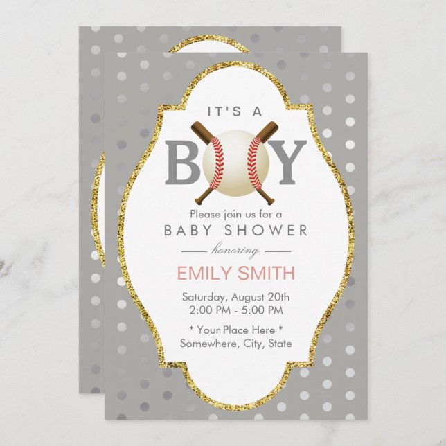 Baseball Themed Silver Polka Dots Boy Baby Shower Invitation (Front/Back)
