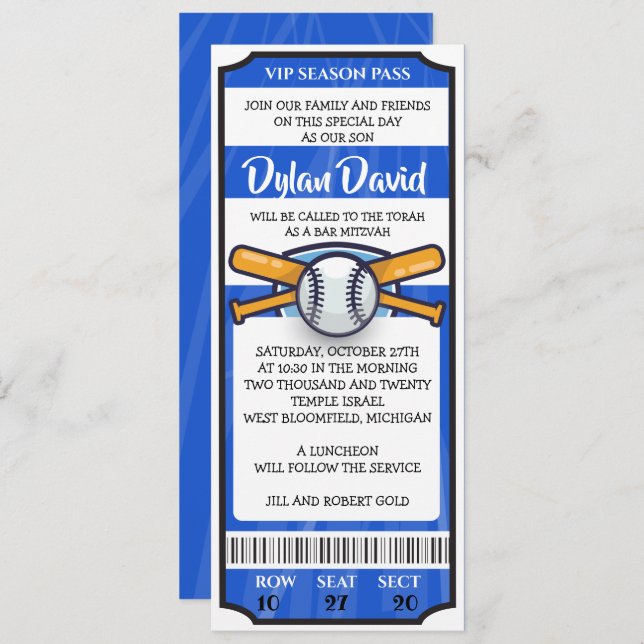 BASEBALL TICKET Bar Bat Mitzvah Invitation (Front/Back)