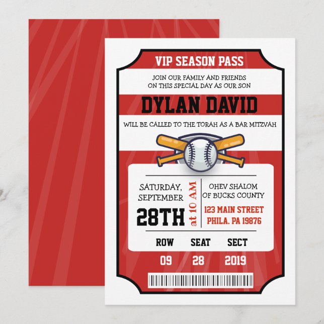 BASEBALL TICKET Bar Bat Mitzvah Invitation (Front/Back)