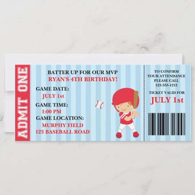 Baseball ticket birthday invitation customisable (Front)