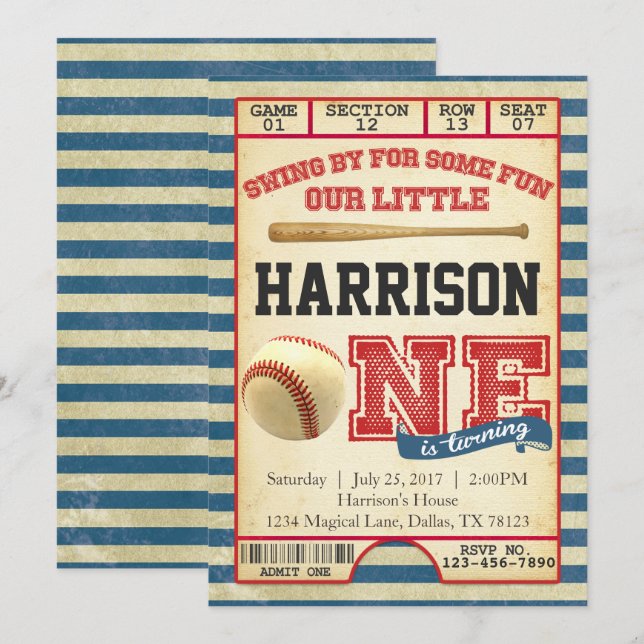 Baseball Ticket Birthday Party Invitation Invite (Front/Back)
