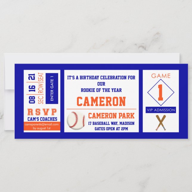 Baseball Ticket Birthday Party Invitation Orange (Front)