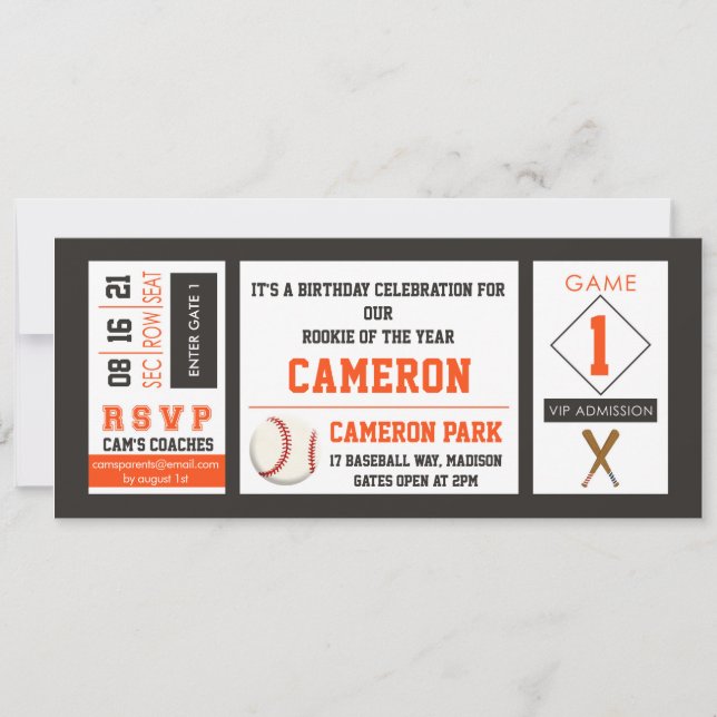 Baseball Ticket Birthday Party Invitation Orange (Front)