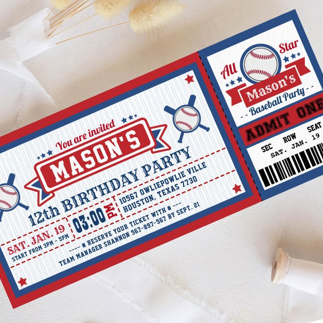 Baseball Ticket Pass Birthday Invitation Blue Red (Creator Uploaded)