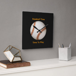 Baseball Time, Time to Play Black Square Wall Clock