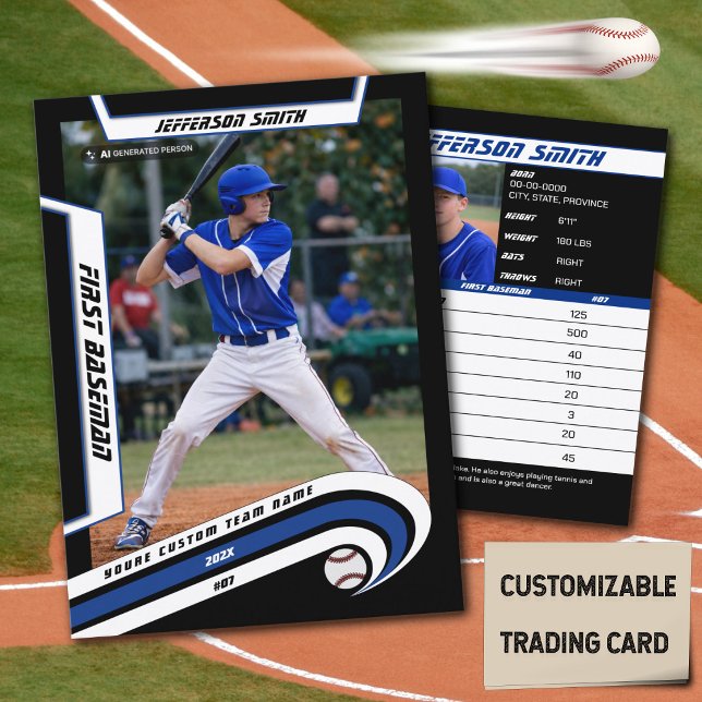 Baseball Trading Card Lively Blue Black (Baseball Player Trading Card in Black with Custom Team Name and White Blue Elements)