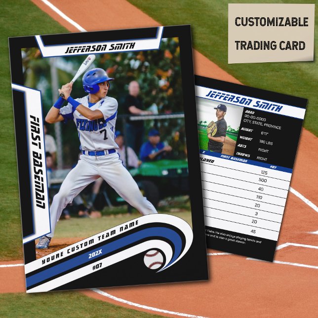 Baseball Trading Card Lively Blue Black (Baseball Player Trading Card in Black with Custom Team Name and White Blue Elements)