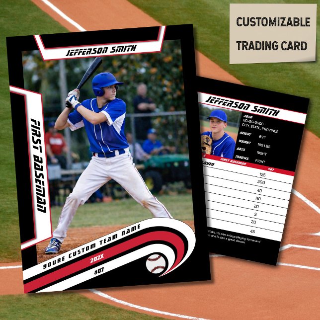 Baseball Trading Card Lively Red Black (Baseball Player Trading Card in Black with Custom Team Name and White Red Elements)