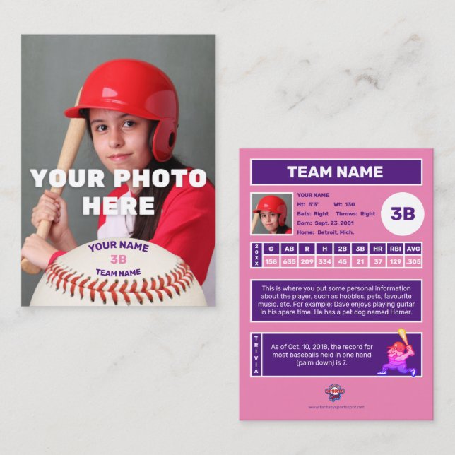 Baseball Trading Card Pink Back - Custom Stats (Front/Back)