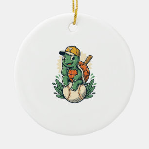 Baseball Turtle Vintage Engraving Graphic Design_1 Ceramic Tree Decoration