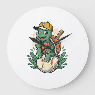 Baseball Turtle Vintage Engraving Graphic Design_1 Large Clock