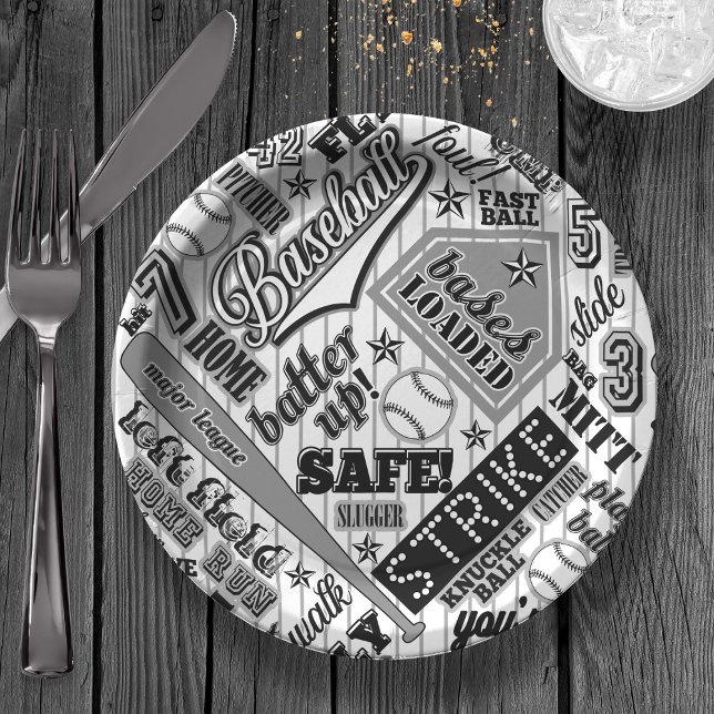 Baseball Typography Black White Stripes ID770 Paper Plate (Creator Uploaded)