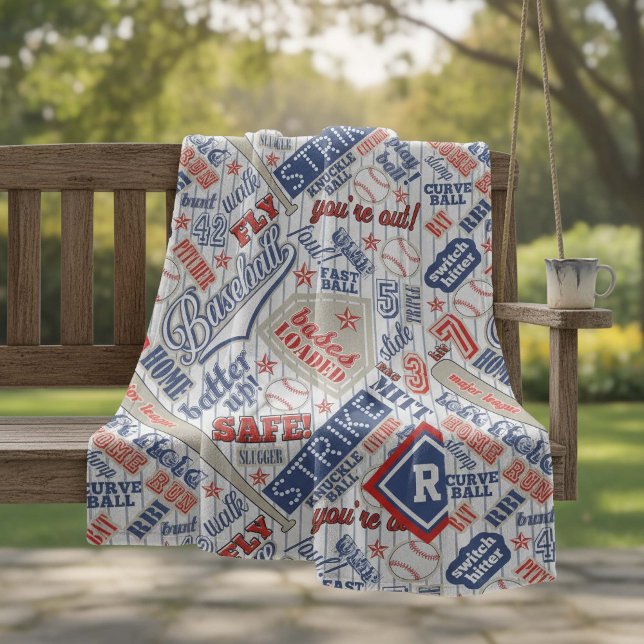 Baseball Typography Red White Blue Stripes ID770 Fleece Blanket (Creator Uploaded)