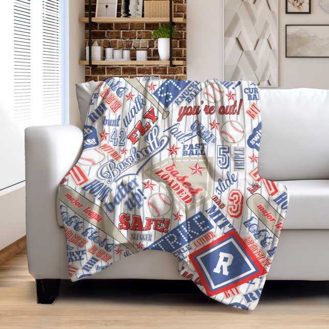 Baseball Typography Red White Blue Stripes ID770 Fleece Blanket (Creator Uploaded)