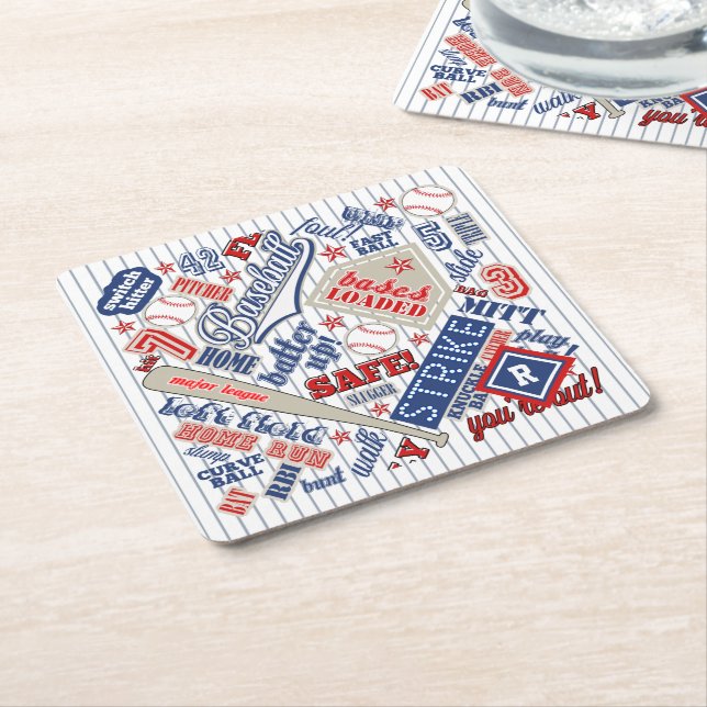 Baseball Typography Red White Blue Stripes ID770 Square Paper Coaster (Angled)