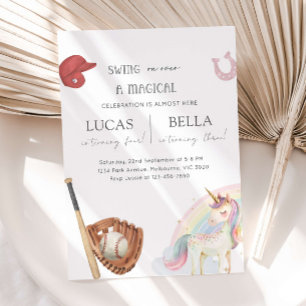 Baseball & Unicorn Siblings Joint Birthday Invitation