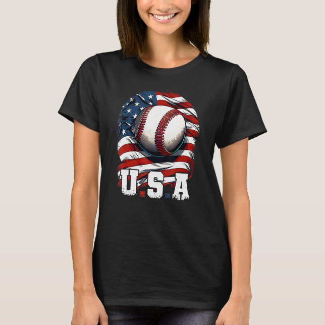 Baseball USA Flag Patriotic  4th Of July Baseball T-Shirt (Front)
