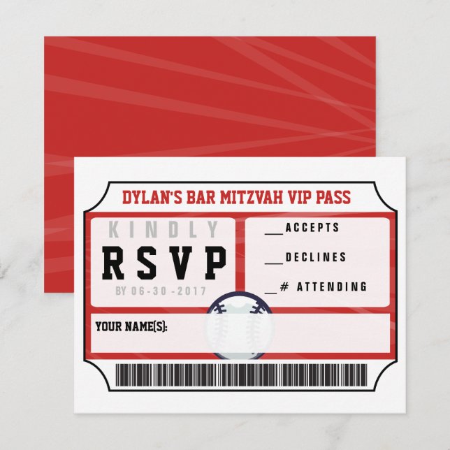 BASEBALL VIP REPLY CARD Bar Bat Mitzvah Invitation (Front/Back)