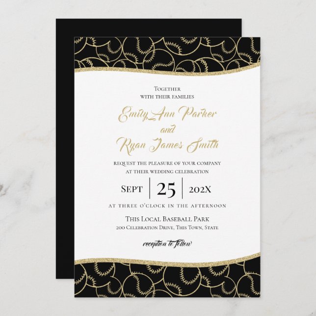 Baseball Wedding Gold and Black Invitation (Front/Back)