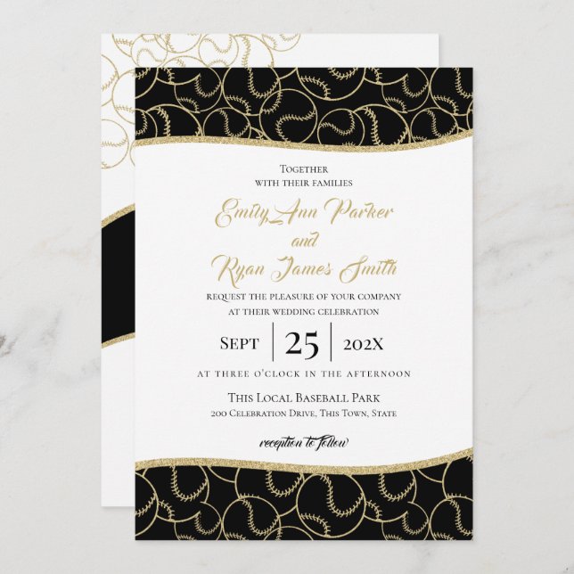 Baseball Wedding Gold and Black Invitation (Front/Back)