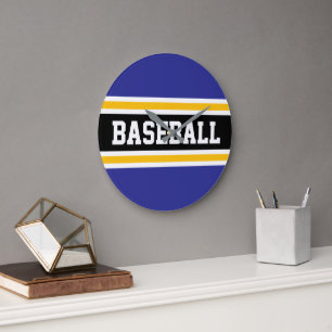 BASEBALL White Black Orange Racing Stripes Large Clock