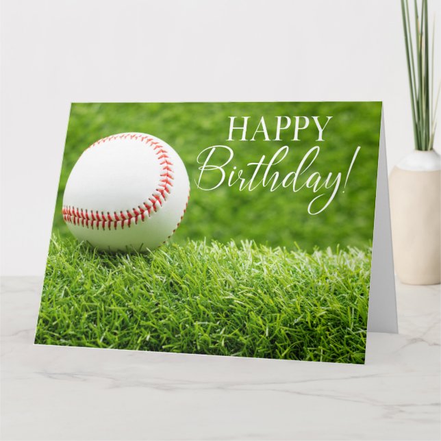 Baseball with happy Birthday word on green grass  Card (Front)