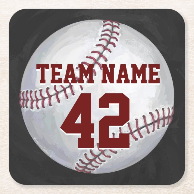 Baseball with Name and Number Square Paper Coaster (Front)