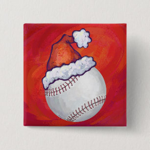 Baseball with Santa Hat on Red 15 Cm Square Badge