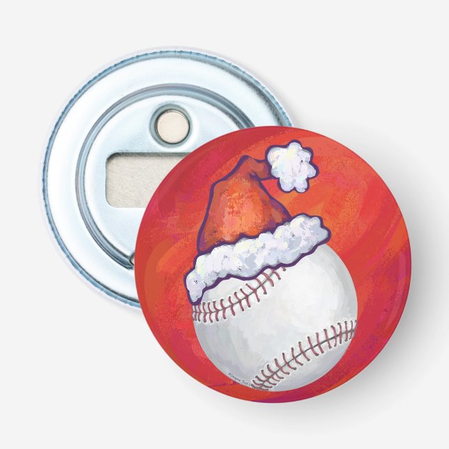 Baseball with Santa Hat on Red Bottle Opener (Front)