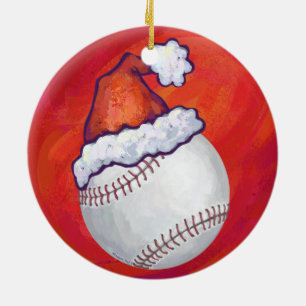 Baseball with Santa Hat on Red Ceramic Tree Decoration