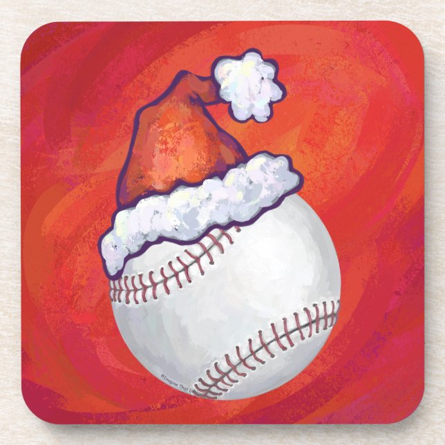 Baseball with Santa Hat on Red Coaster (Front)