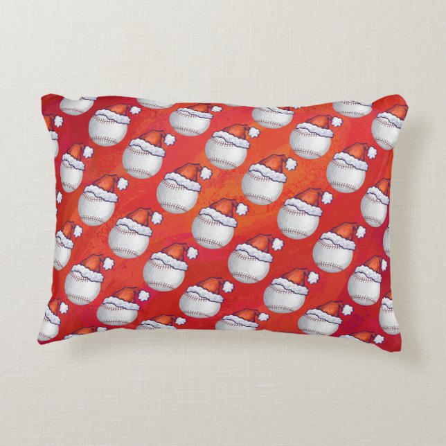 Baseball with Santa Hat on Red Decorative Cushion (Back)