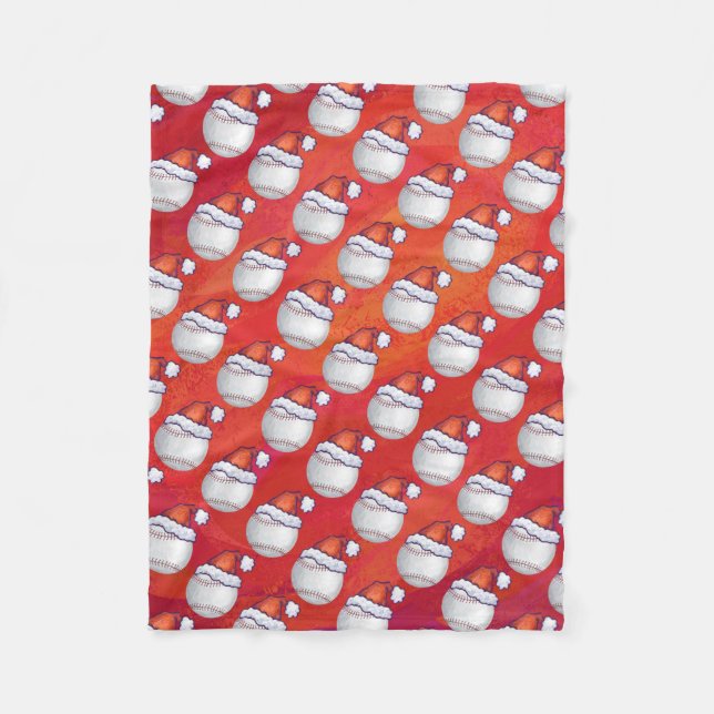 Baseball with Santa Hat on Red Fleece Blanket (Front)
