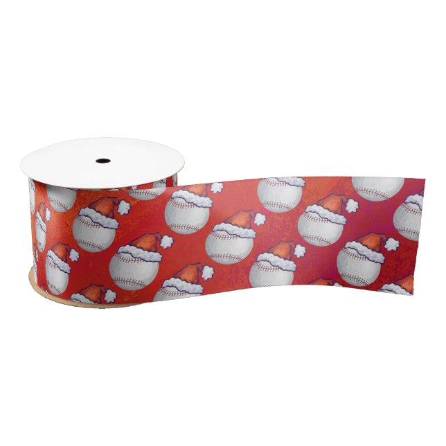 Baseball with Santa Hat on Red Satin Ribbon (Spool)