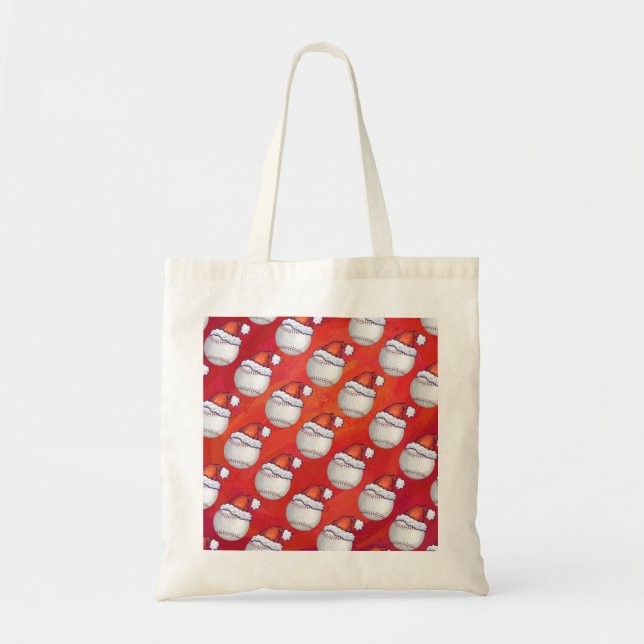 Baseball with Santa Hat on Red Tote Bag (Front)